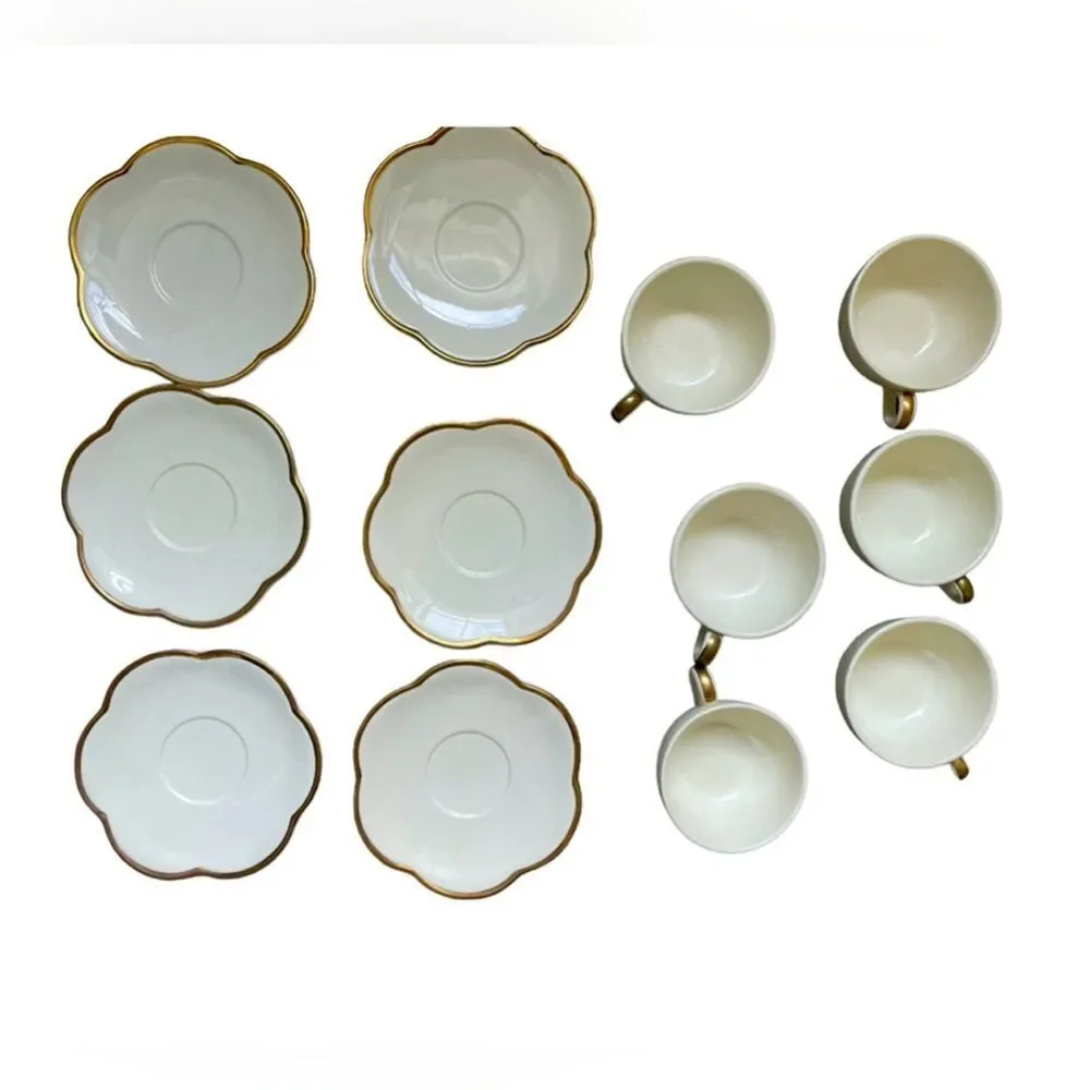 ESTE CE -Vintage Gold Rimmed Scalloped 12 Pcs Tea Cup & Saucer Set Made in Italy